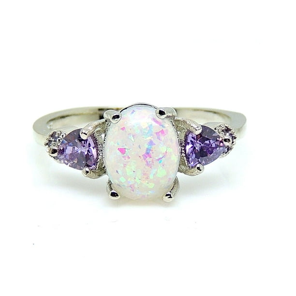 .925 STERLING SILVER~White Fire Opal/Purple CZ Ring